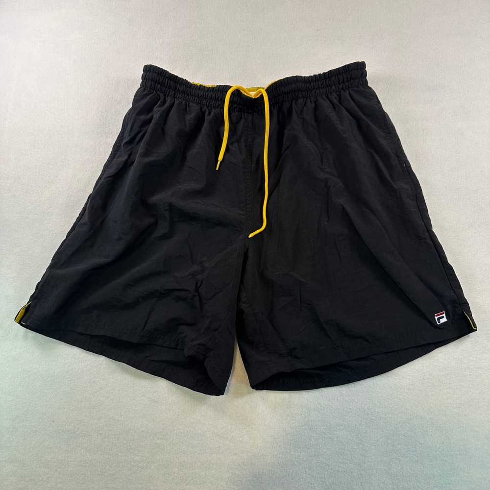 Vintage Fila Mens Nylon Swim Trunks Black Yellow Mesh Lined Athletic Shorts L